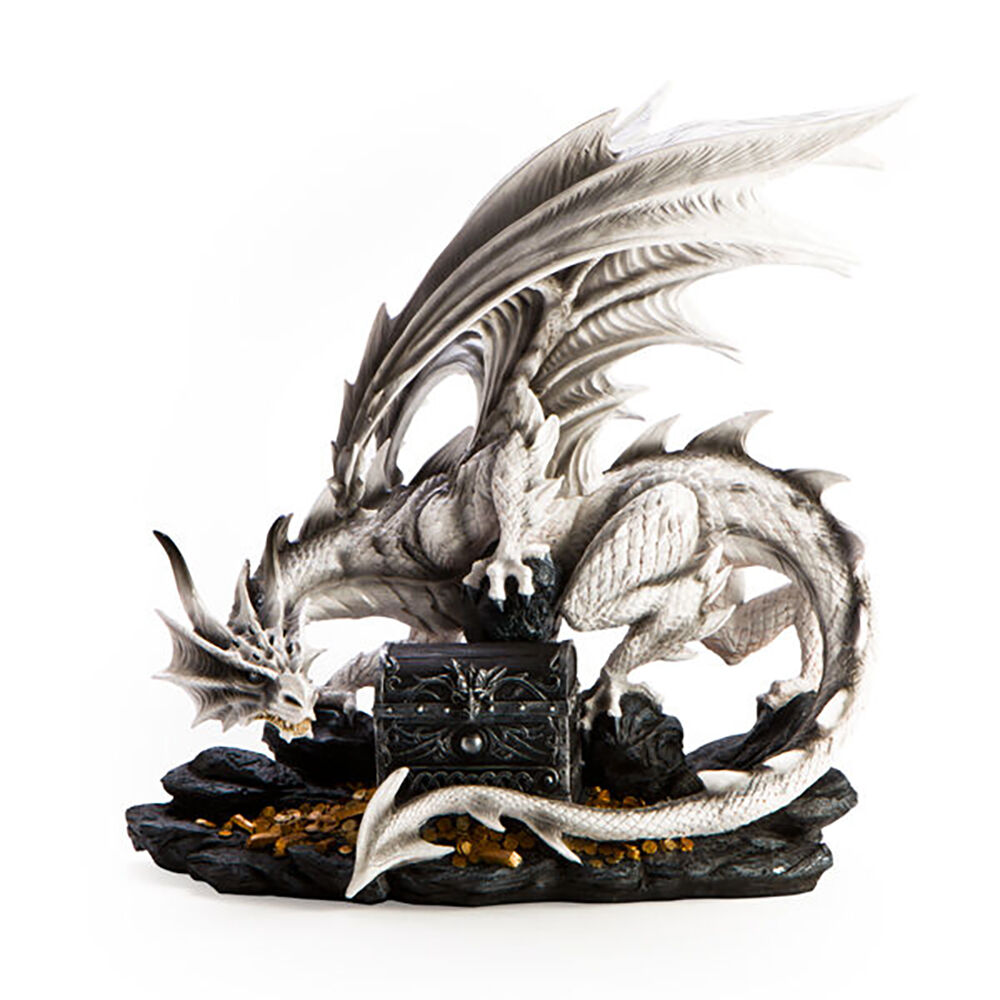 Mystical Worlds Large White Dragon Figurine w/ Jewel Box Display 50x43cm