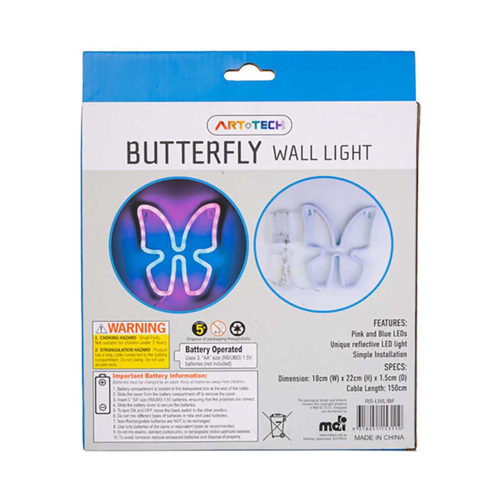 Art + Tech LED Wall Light Butterfly Cute Room Decor Accent Lamp 18x22cm