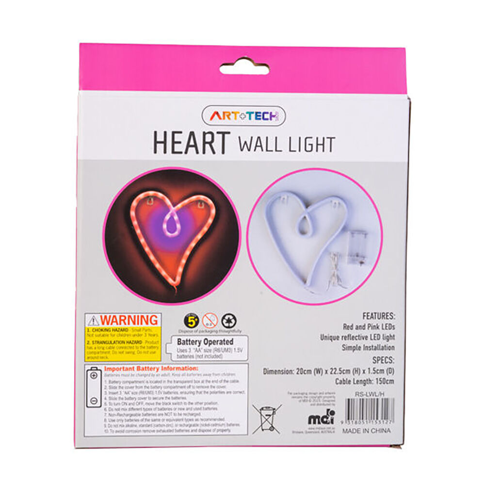 Art + Tech LED Wall Light Heart Romantic Room Accent Night Light 20x22.5cm