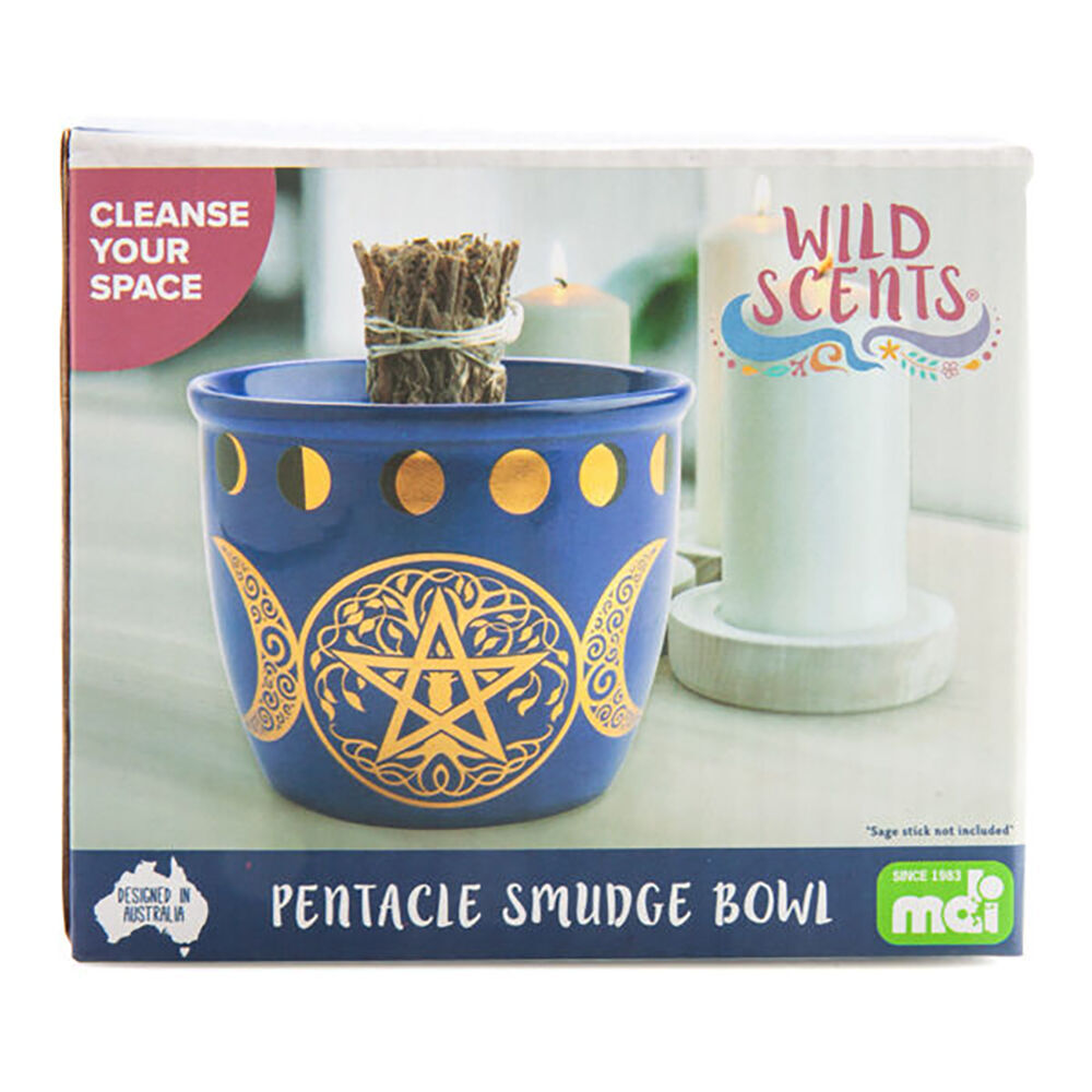 3PK MDI Smudge Bowl Sage/Incense Burner Ceramic Pentacle 12.5x10.5cm Blue