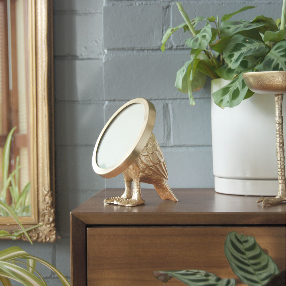White Moose Bird Home Decor Metal/Glass Tabletop Mirror 15x13x13cm Gold