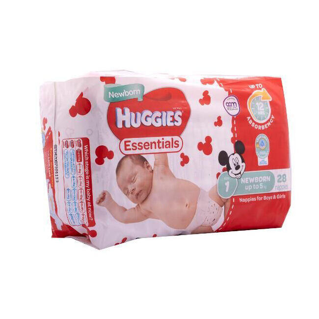2x 28pc Huggies Essentials Mickey Newborn Absorbent Size 1