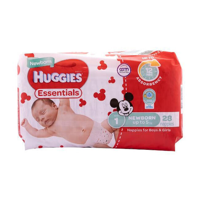 2x 28pc Huggies Essentials Mickey Newborn Absorbent Size 1