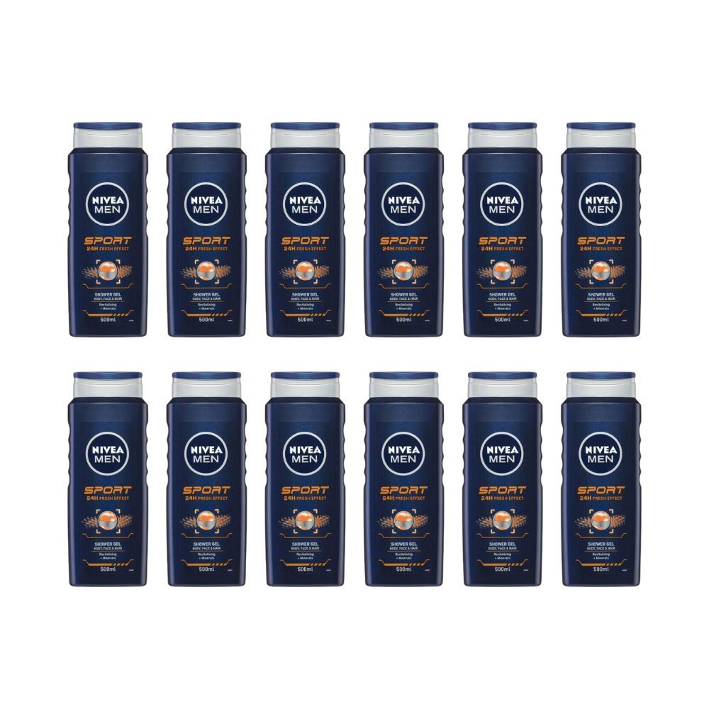 12x Nivea Men Sport Shower Gel Body Wash 500ml Face Hair Bath Care