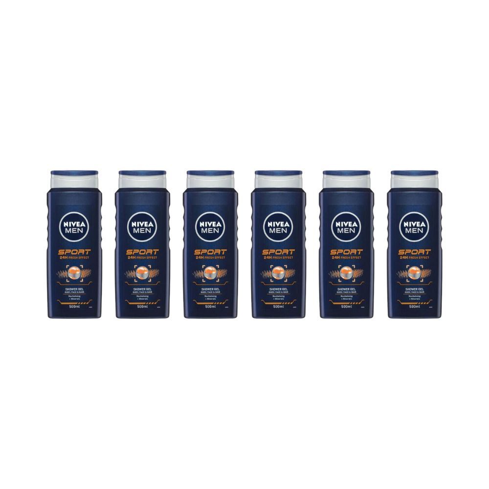 6PK Nivea Men Sport Shower Gel Body Wash 500ml Face Hair Bath Care