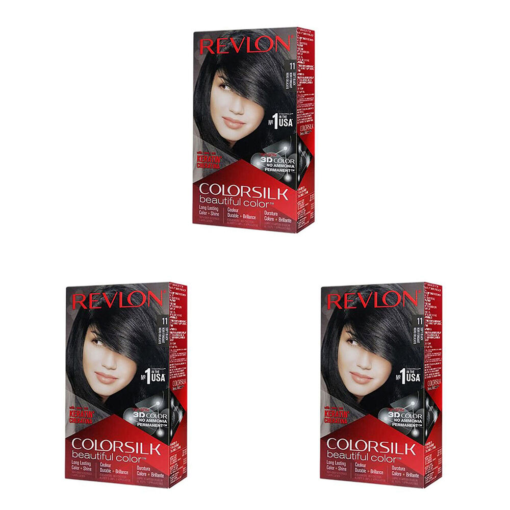 3PK Revlon ColorSilk Permanent Hair Colour Dye Ammonia-Free 11 Soft Black
