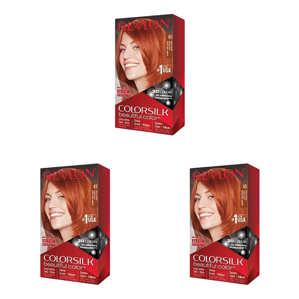 3PK Revlon ColorSilk Permanent Hair Colour Dye Ammonia-Free 45 Bright Auburn