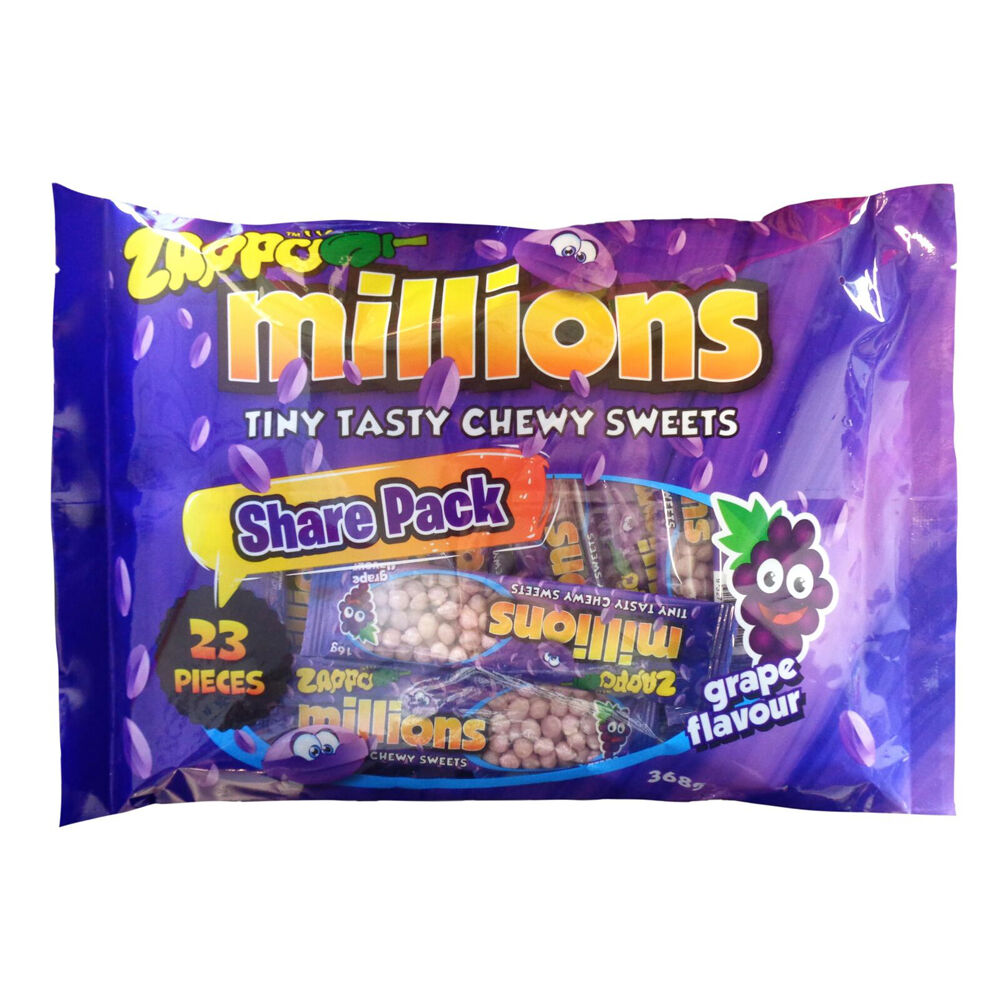 12PK Zappo Millions Grape Candy Share Pack Fruit Lollies Confectionery 368g