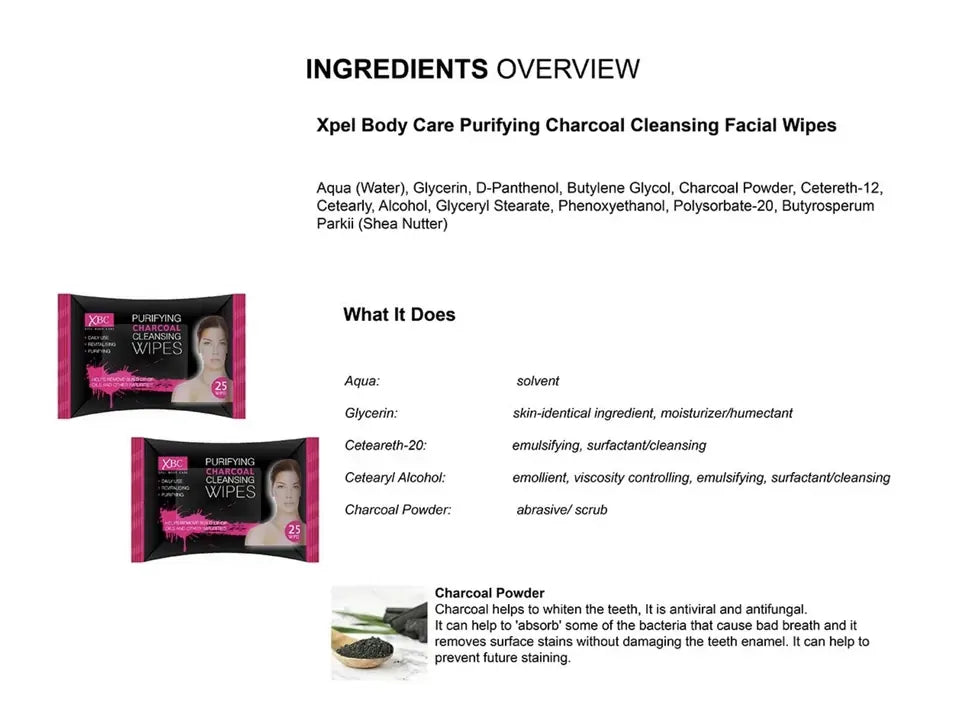 12PK XBC Charcoal Twin Pack Facial Cleaning Wipes Beauty Skin Care