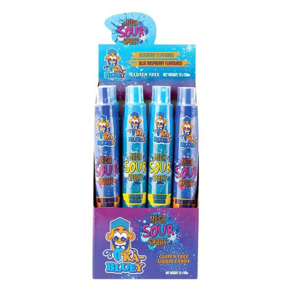 12PK Ka-Bluey Mega Sour Spray Liquid Candy in Blueberry/Rasp Flavour 110ml Asst