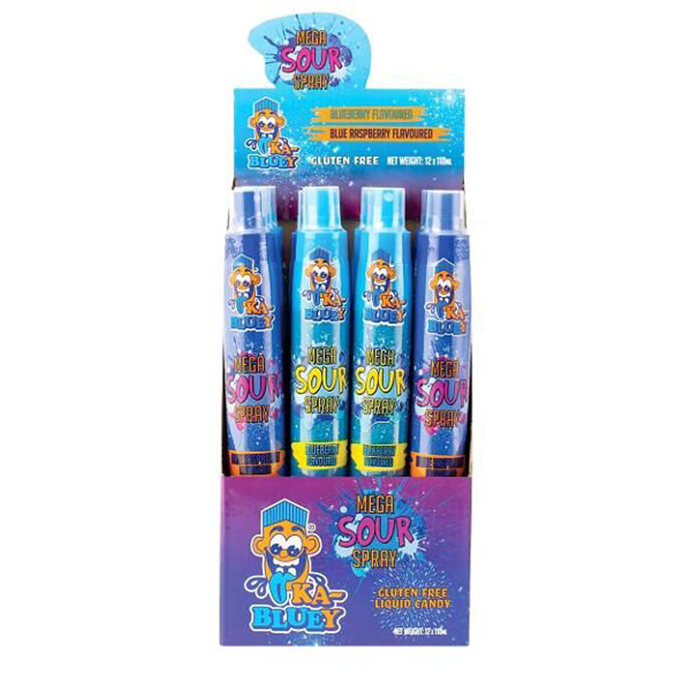 12PK Ka-Bluey Mega Sour Spray Liquid Candy in Blueberry/Rasp Flavour 110ml Asst