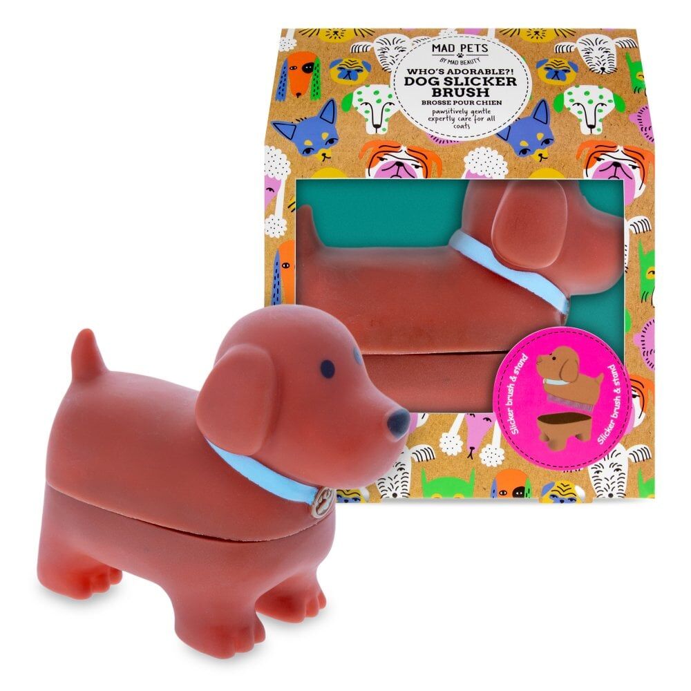2PK Mad Pets Dog Shaped Slicker Grooming Fur Brush and Stand Brown