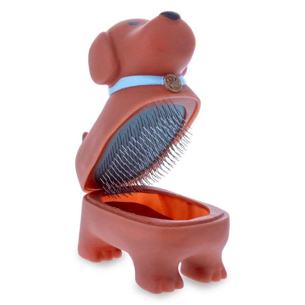 2PK Mad Pets Dog Shaped Slicker Grooming Fur Brush and Stand Brown