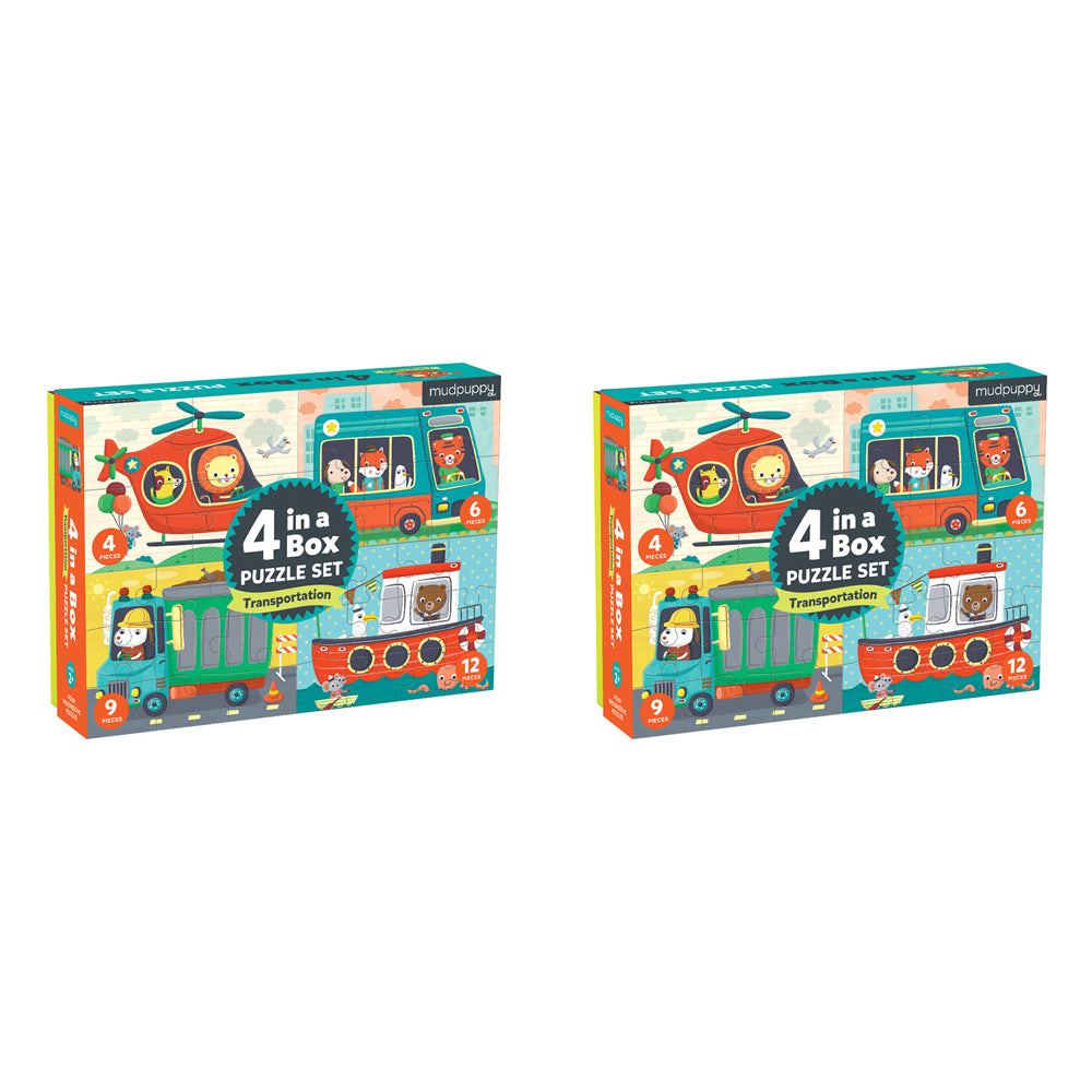 2PK Mudpuppy Kids 4 In A Box Jigsaw Puzzle Set Transport 3+