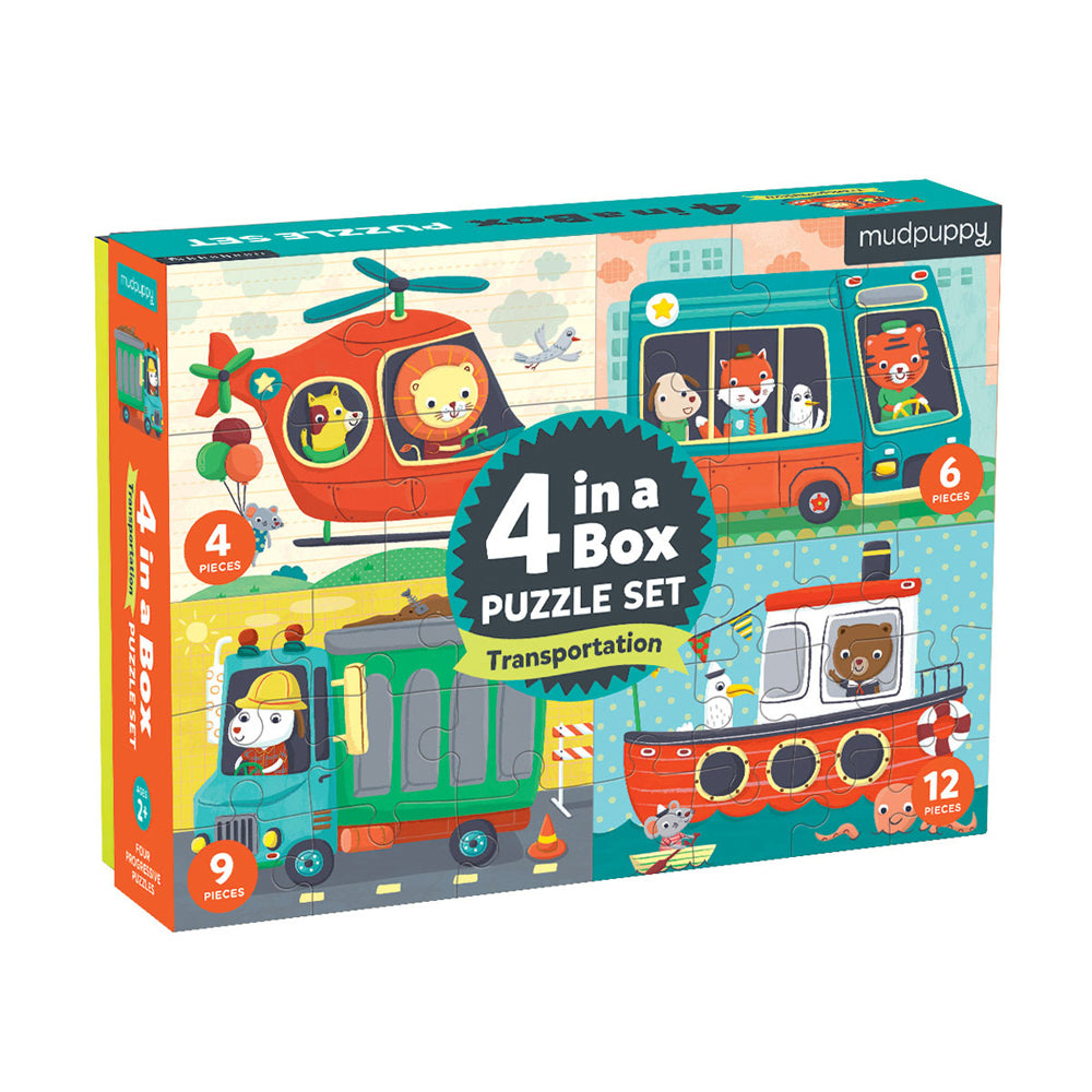 2PK Mudpuppy Kids 4 In A Box Jigsaw Puzzle Set Transport 3+