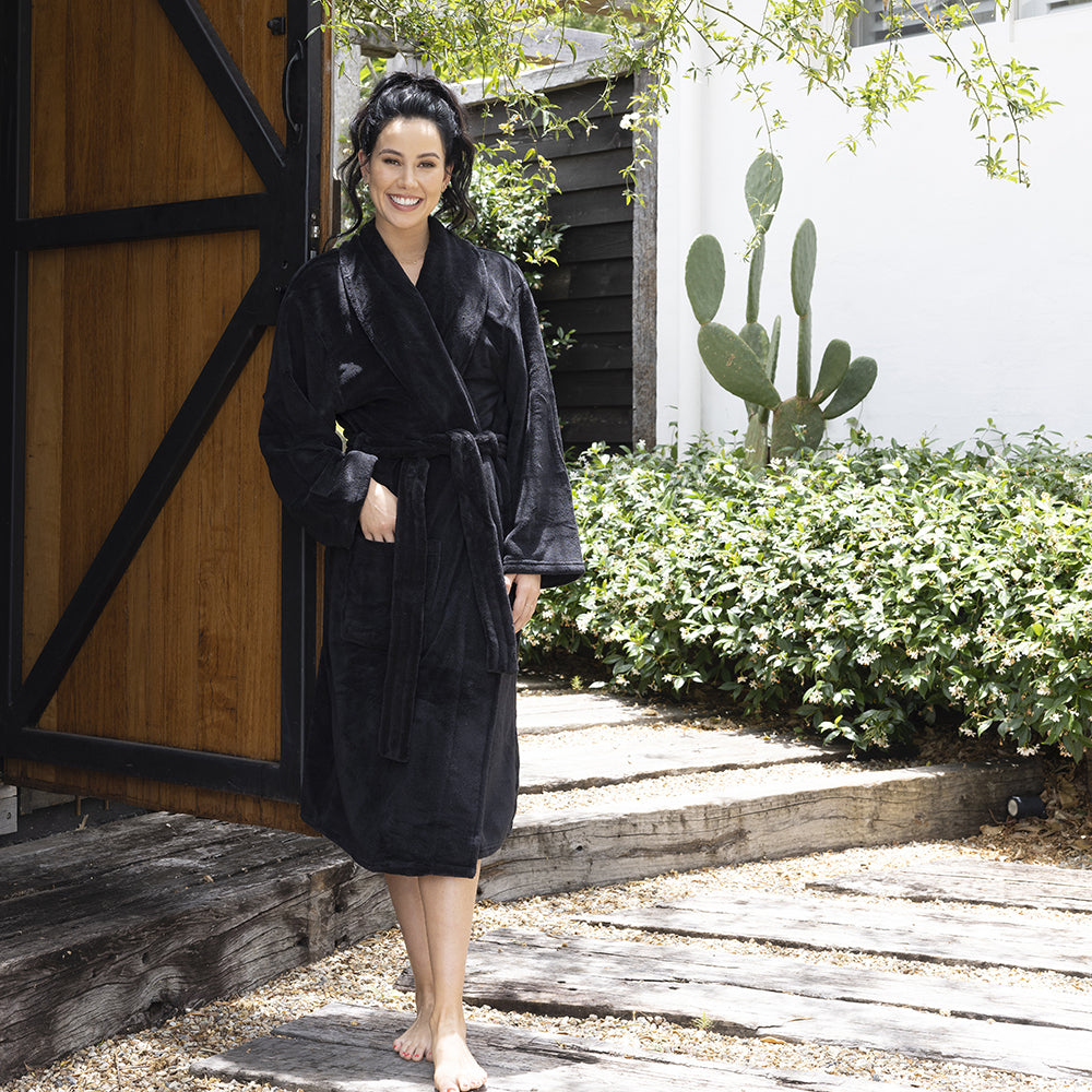 Bambury Womens Microplush Comfy Bath Robe Dressing Gown Size S/M Black
