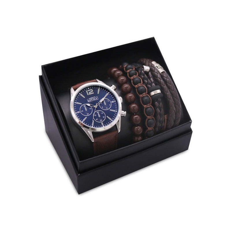 5pc Men's Republic Watch set with 4 Bracelets Blue Face
