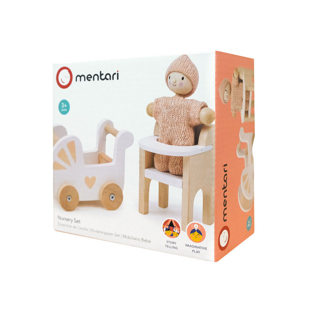 3pc Mentari Wooden Nursery Set Doll Baby w/ Pram Kids Pretend Play Toy 3y+