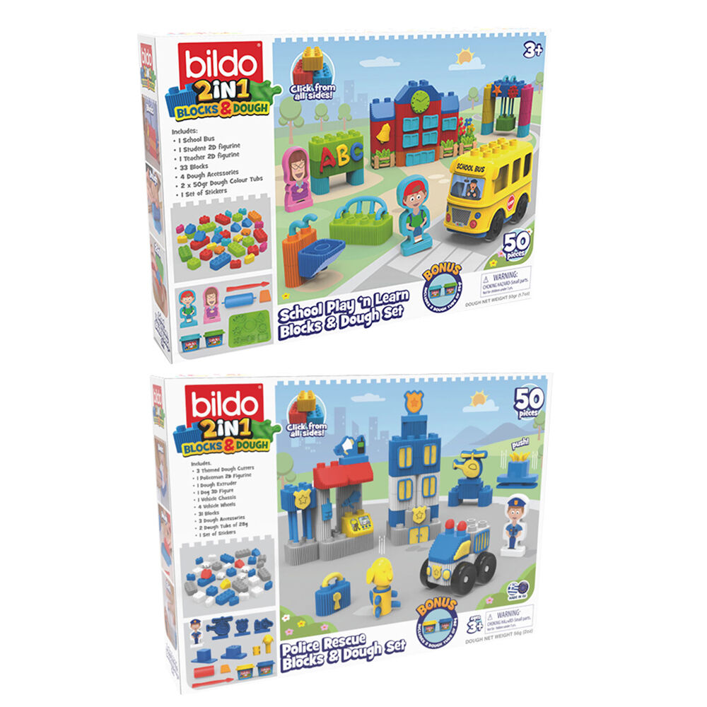 2pc Bildo Police Rescue & School Play n Learn Blocks/Dough Combo Set 3y+