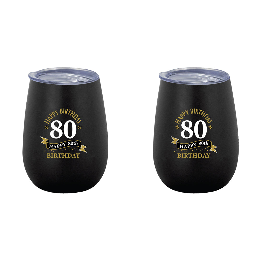 2PK 80th Birthday 360ml Stainless Steel Double Walled Insulated Mug Black