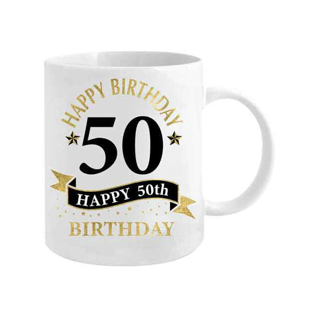 50th Bday White & Gold 360ml Ceramic Coffee/Tea Drink Mug w/ Handle