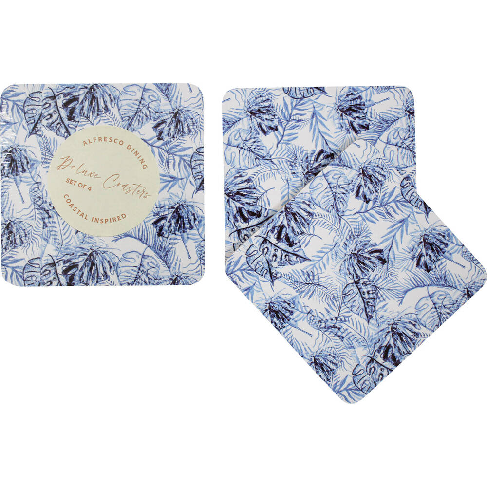 12pc LVD MDF/Cork Coasters Square 10x10cm - Blue Leaf Tropics
