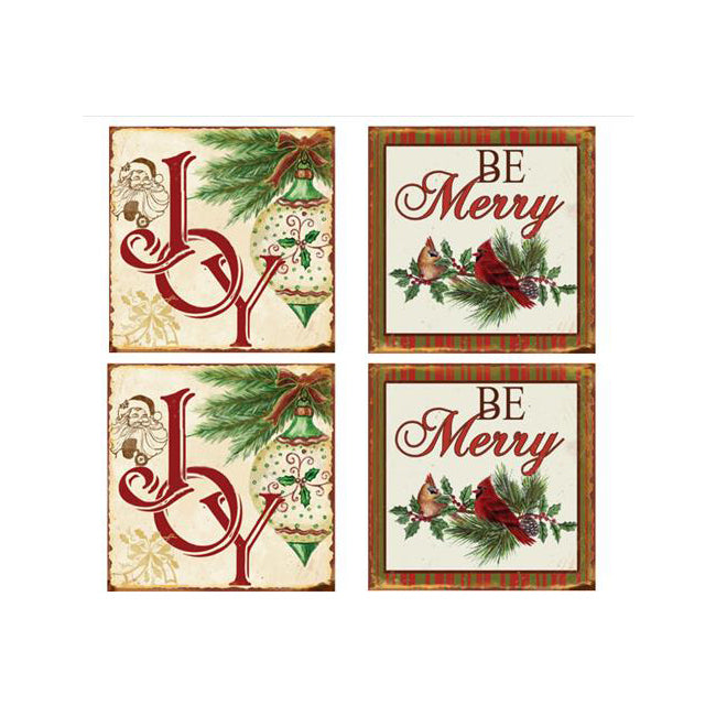 4pc Joy/Be Merry Coasters Table Protector Square Ceramic Assorted