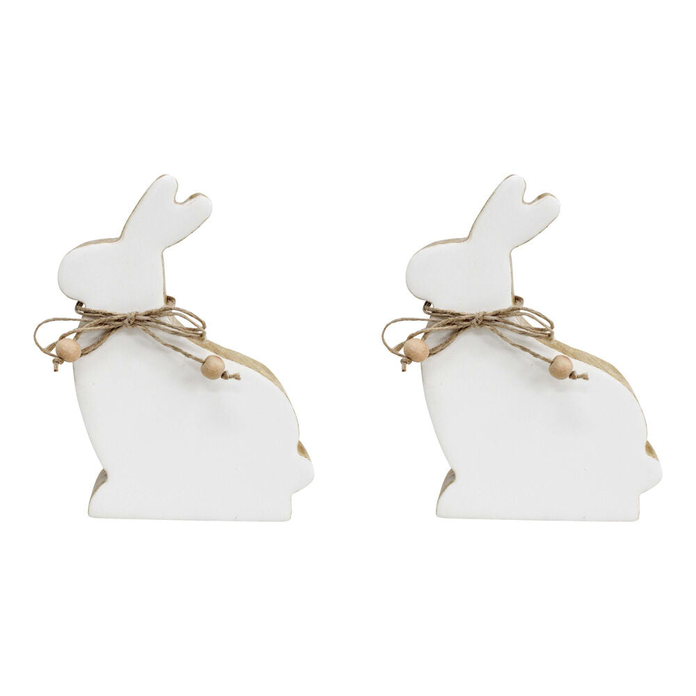 2PK LVD Medium Wooden Easter Rabbit Squat Home Decor 14.5x9cm White-Washed