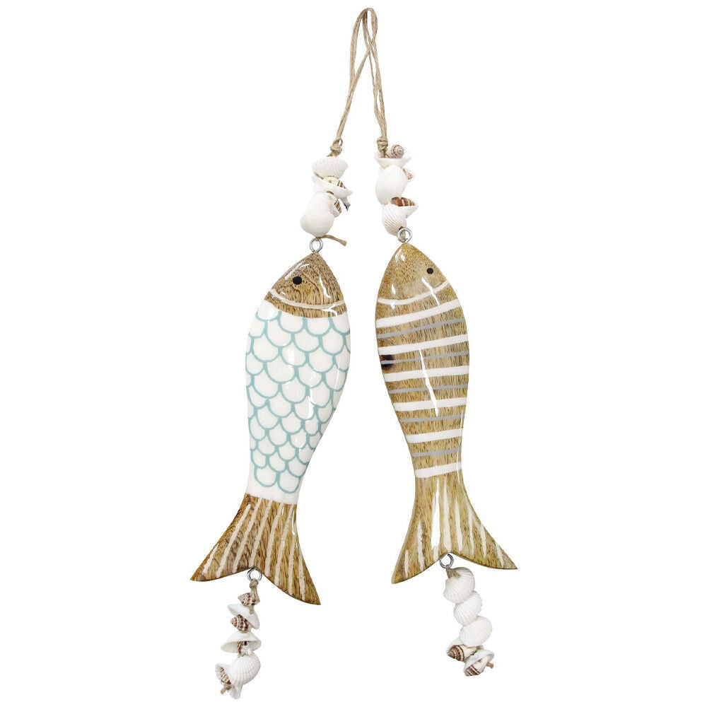 2PK LVD Mediterranean Wooden Shell Hanging Fish 6x2x40cm Natural Assorted