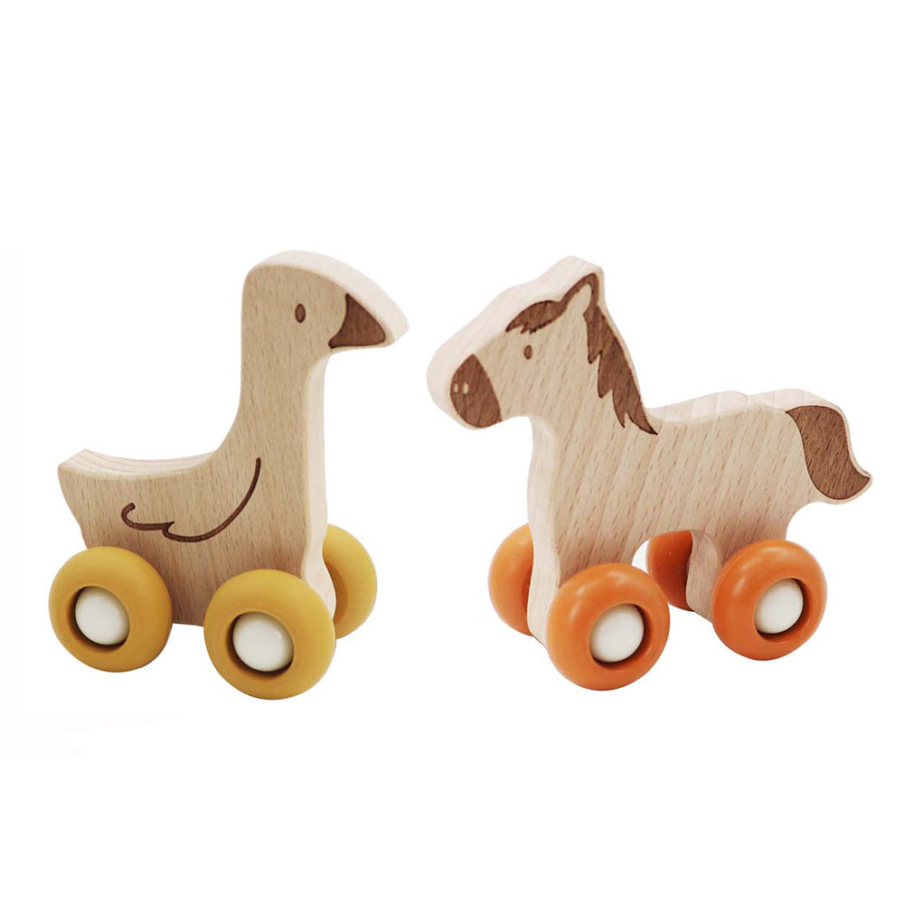 2pc Kaper Kidz EcoWheels Farm Movers Horse & Duck Wooden Toy 12m+