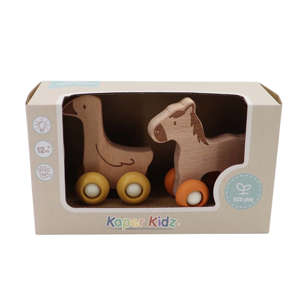 2pc Kaper Kidz EcoWheels Farm Movers Horse & Duck Wooden Toy 12m+