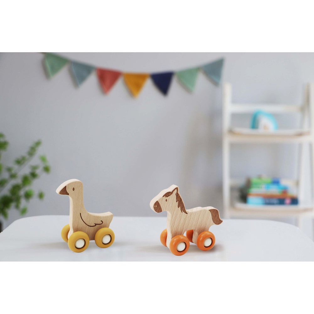 2pc Kaper Kidz EcoWheels Farm Movers Horse & Duck Wooden Toy 12m+