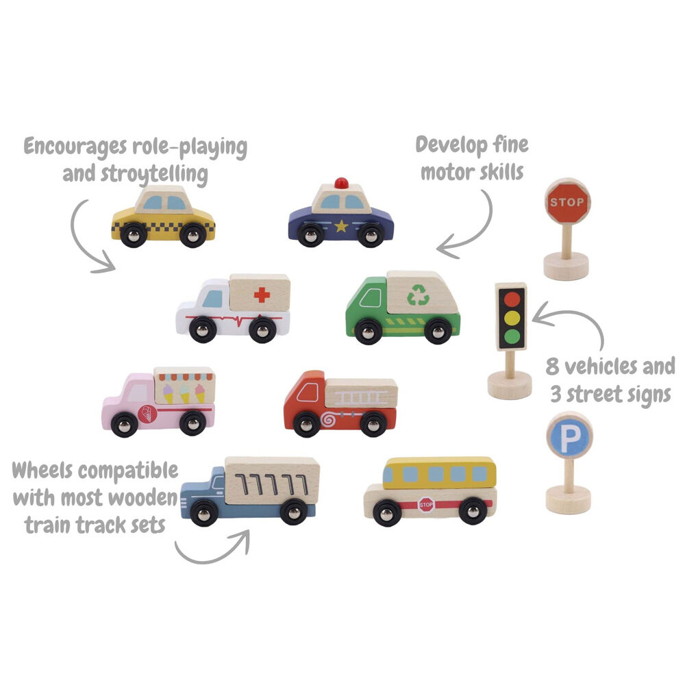 Kaper Kidz Wooden Cars Transportation Box & Street Signs Kids Toy Set 3y+