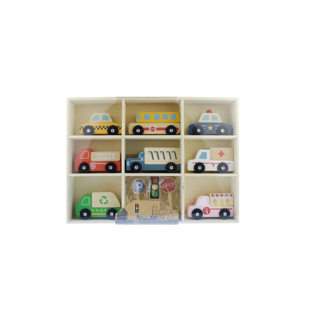 Kaper Kidz Wooden Cars Transportation Box & Street Signs Kids Toy Set 3y+