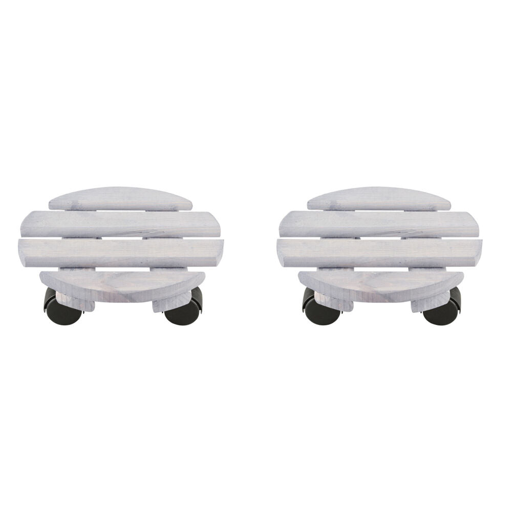 2PK Esschert Design Round Wood Plant Trolley Garden Decor Small 23.3cm White