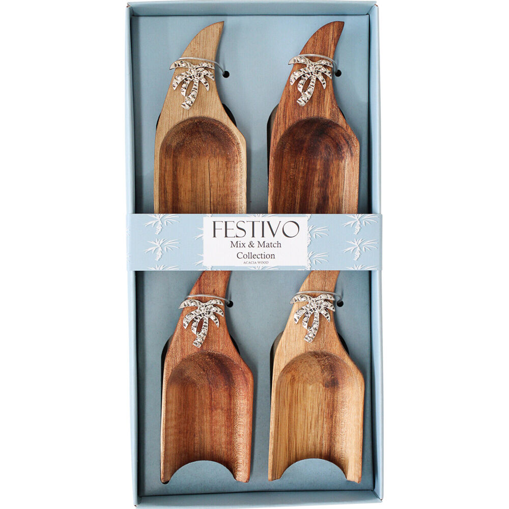 2x 4pc LVD Acacia Wood/Metal Canape Servers Dish Set 11x12x3cm Gold Palm