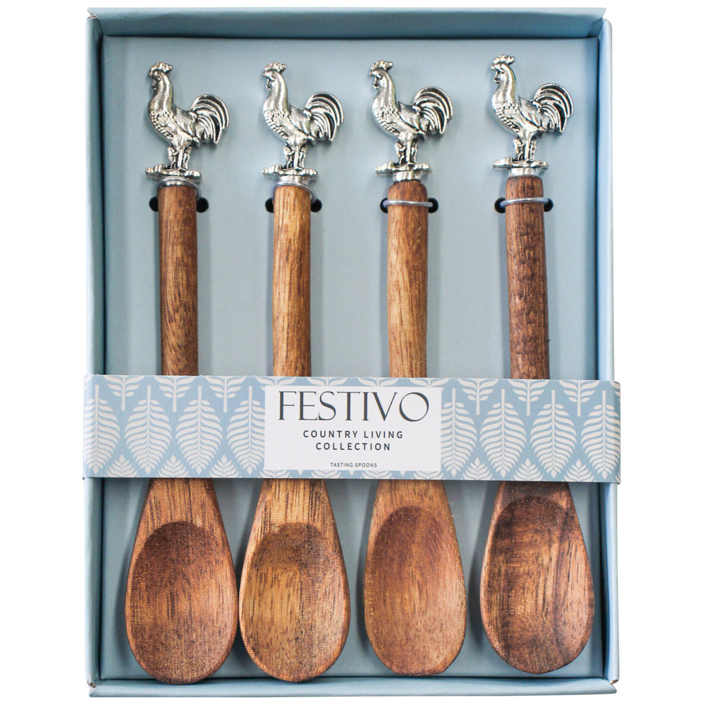 3x 4pc LVD Wooden/Metal Teaspoons Rooster Home/Kitchen Decor 14cm Brown
