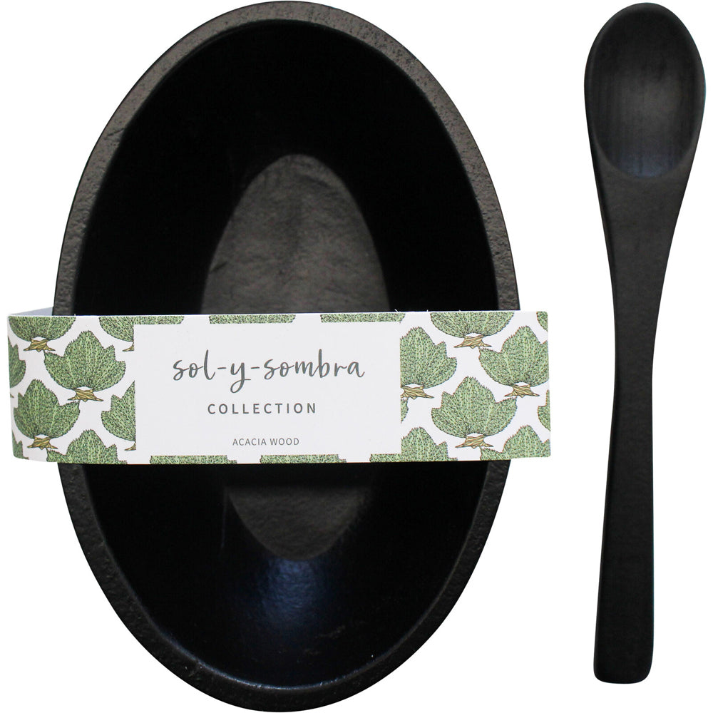 3PK LVD Acacia Wood Oval Bowl w/ Spoon 11.5x8cm - Black
