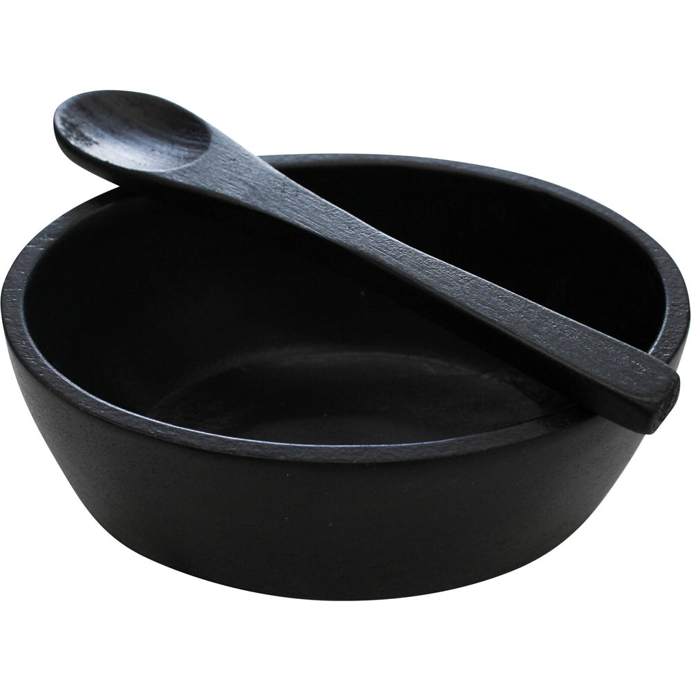 3PK LVD Acacia Wood Oval Bowl w/ Spoon 11.5x8cm - Black