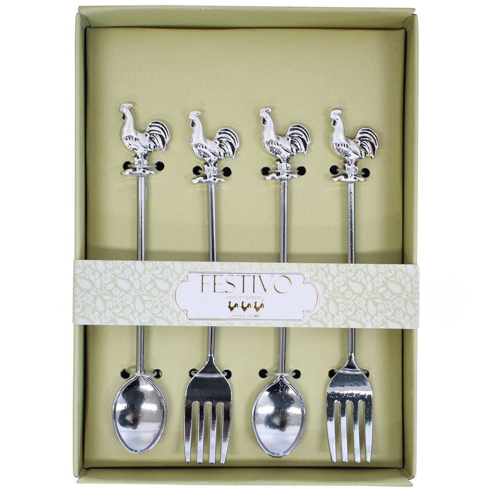 3PK LVD Metal Fork & Spoon 2-Pairs Rooster Home/Kitchen Decor Set 14.5cm Silver