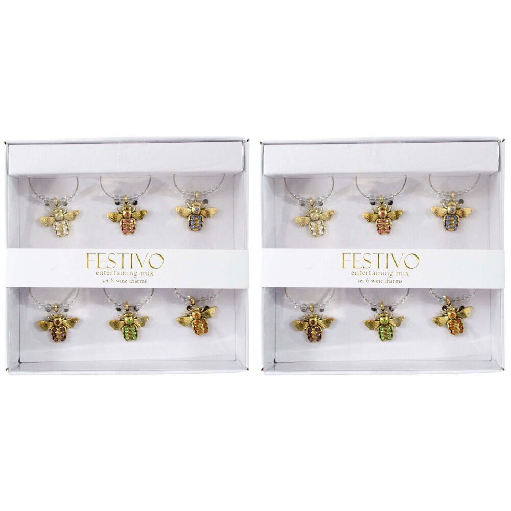 2x 6pc LVD Jewelled Bee Alloy Wine Glass Charm Set 13x12cm Multicoloured