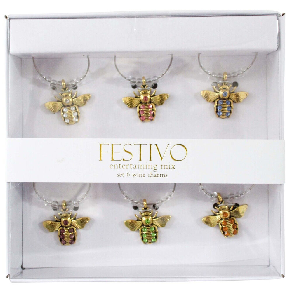 4x 6pc LVD Jewelled Bee Alloy Wine Glass Charm Set 13x12cm Multicoloured