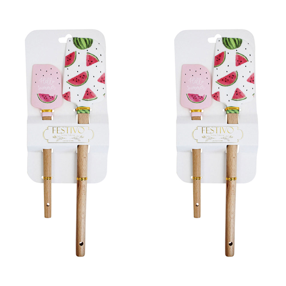 2x LVD 2pc Silicone Wood Spatula Kitchen Baking/Cooking Utensil Set - Watermelon