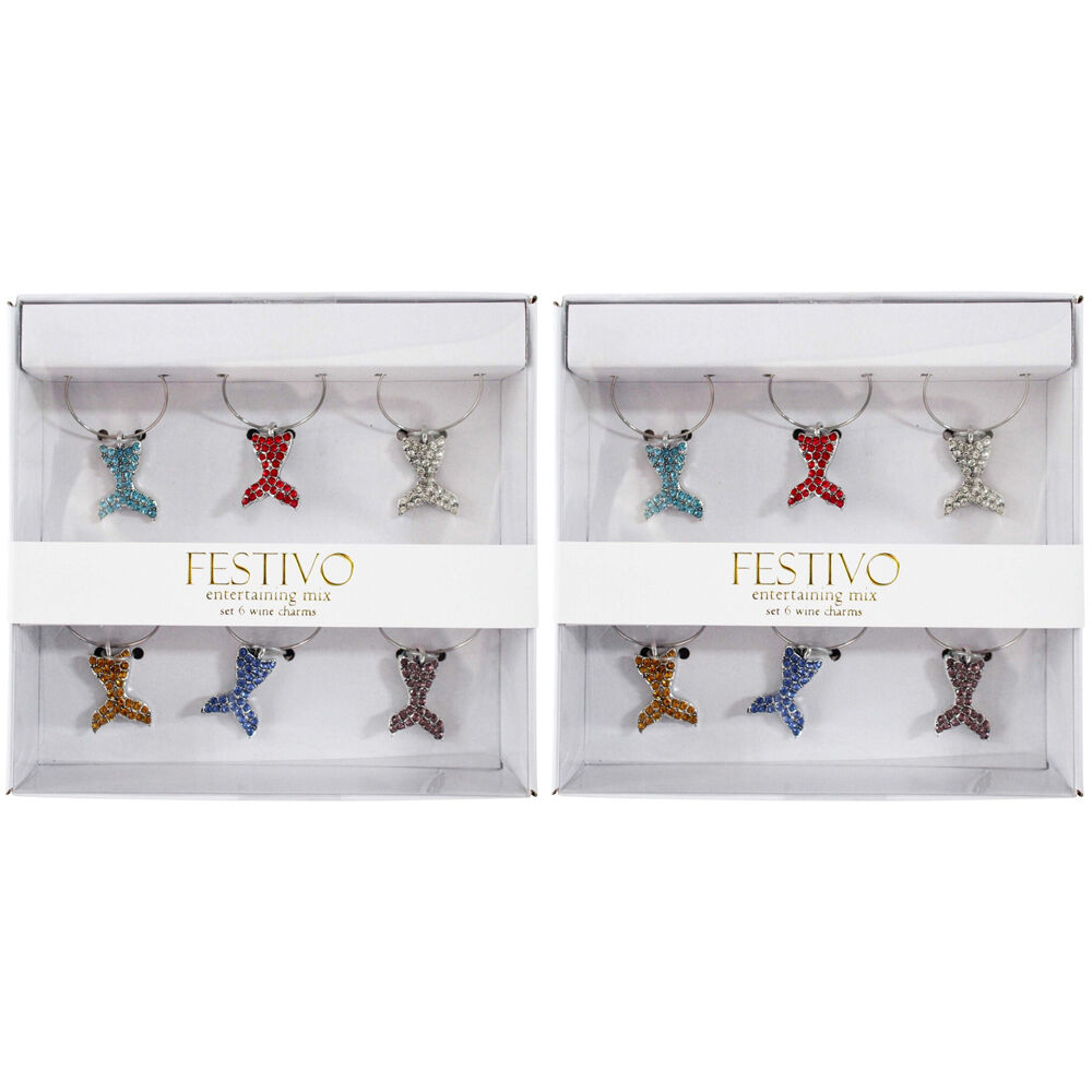 2x 6pc LVD Whale Tails Alloy Wine Glass Charms Set 13x12cm Multicoloured