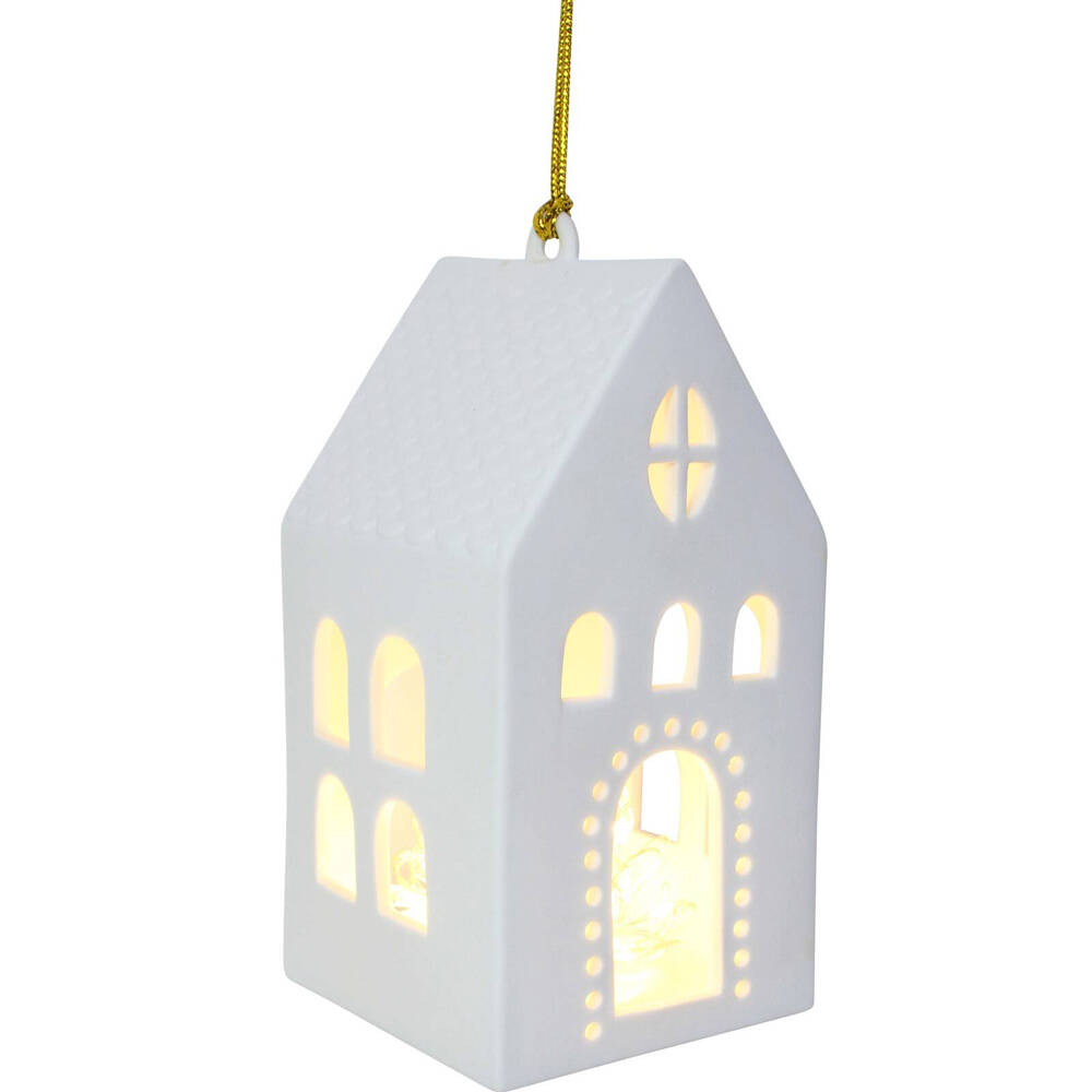 2PK LVD Porcelain Hanging Village House Tealight Candle Holder 16cm - White