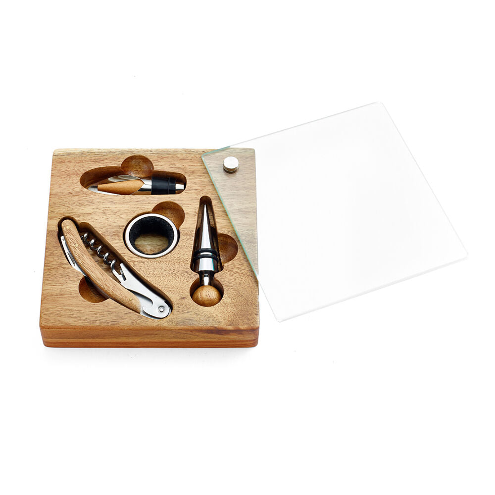 4pc NF Living Wine Board Gift Set 16x16cm Solid Brown