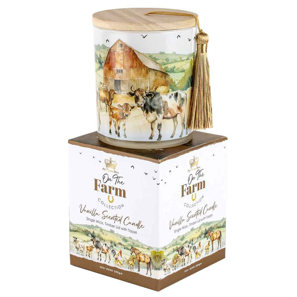 2PK On The Farm Cow 300g Vanilla Scented Candle w/ Wood Lid & Tassel