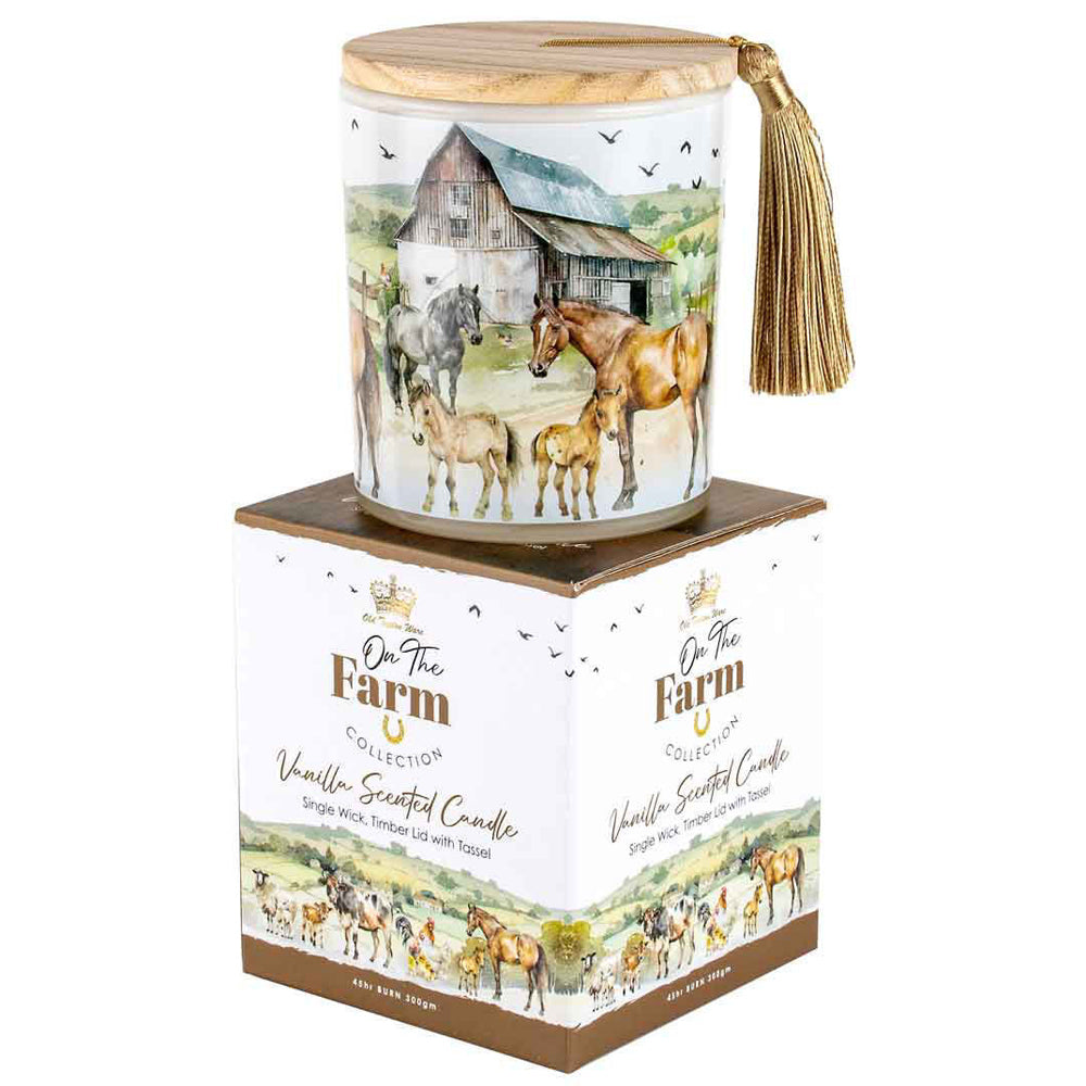 On The Farm Horse 300g Vanilla Scented Candle w/ Wood Lid & Tassel