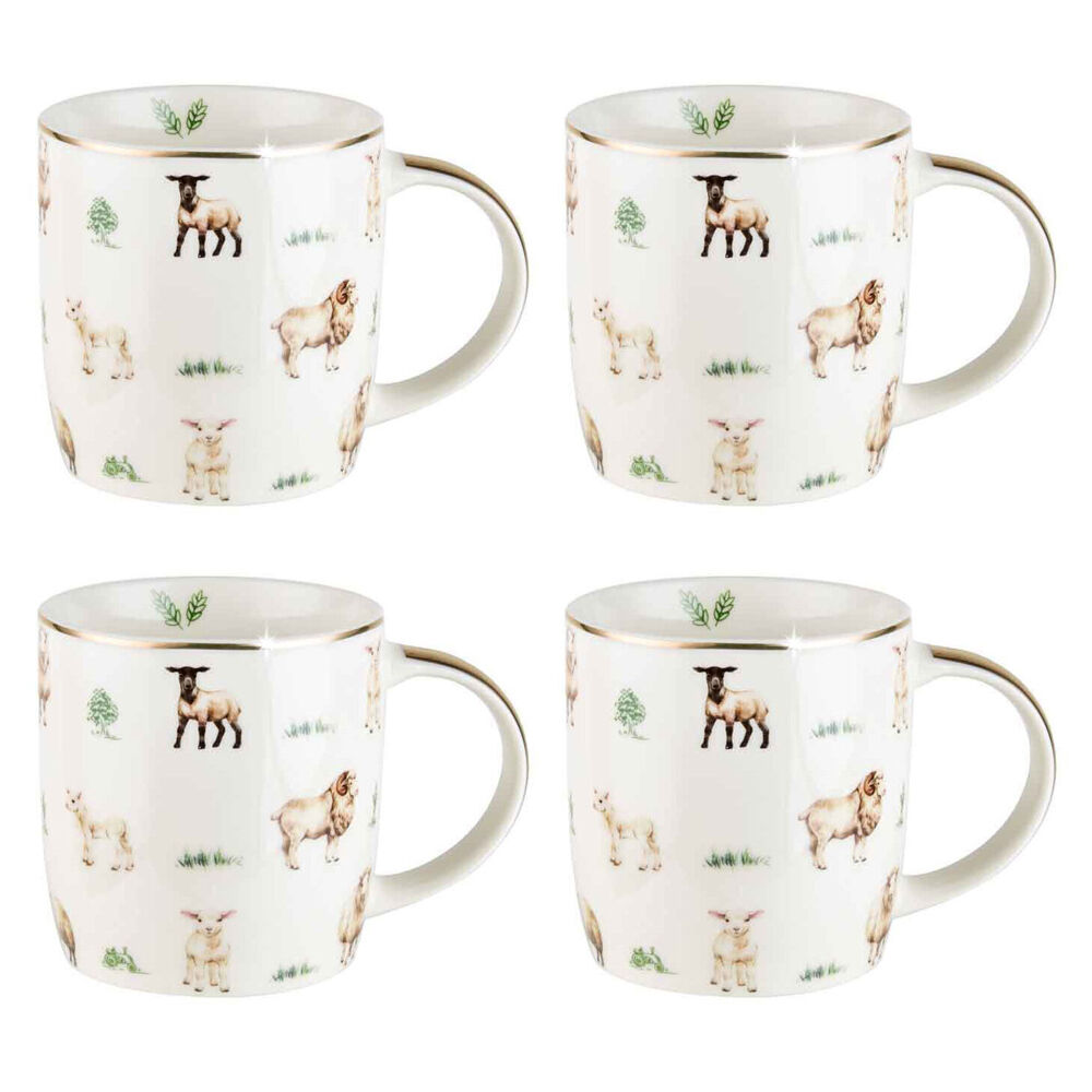 4PK LMD Sheep Farm Lane New Bone China Coffee Mug 360ml - White