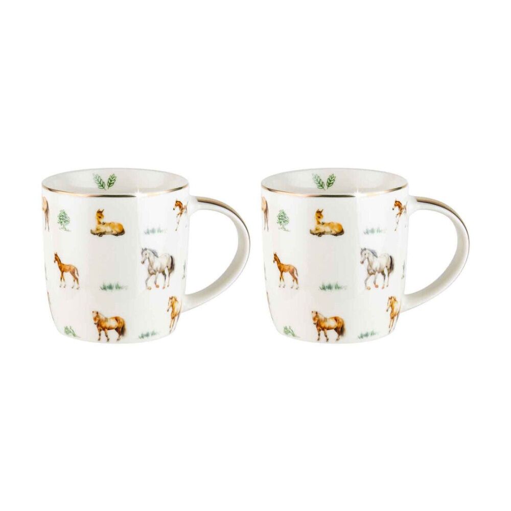 2PK LMD Horses Farm Lane New Bone China Coffee Mug 360ml - White